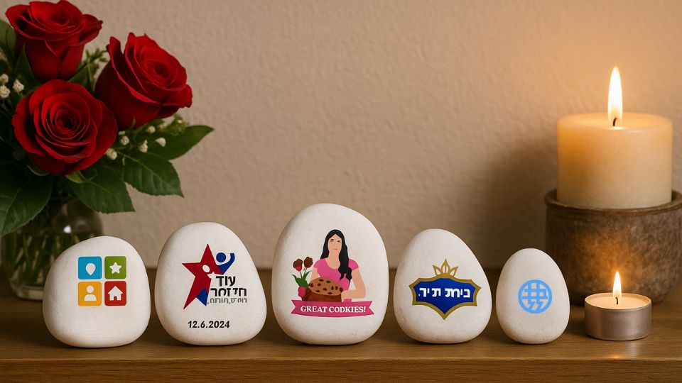 חלוקי נחל לבן עם הדפסה לבית, לארגון או לחברה